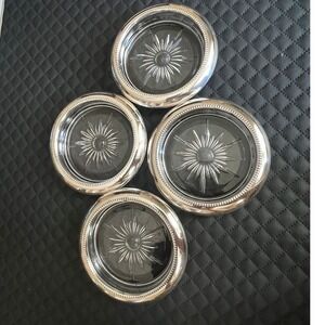 Leonard Silverplate Glass Starburst Coasters Set of 4 Made in Italy Beaded Rim